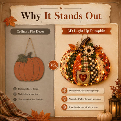 🎃 3D Light Up Pumpkin Hanging Decoration – Rustic Farmhouse Fall Door & Wall Decor