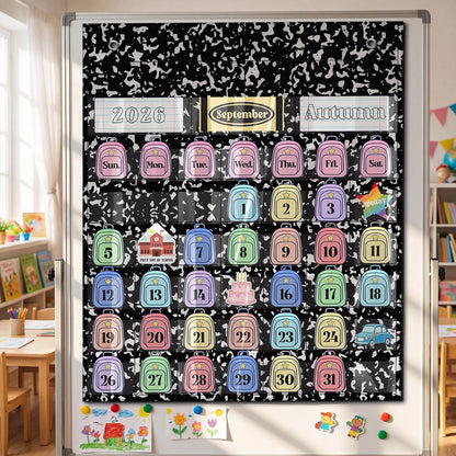 📅Back to School 2026-2028 Classroom Pencil Calendar Pocket Chart | 82 Educational Activity Cards🖍️