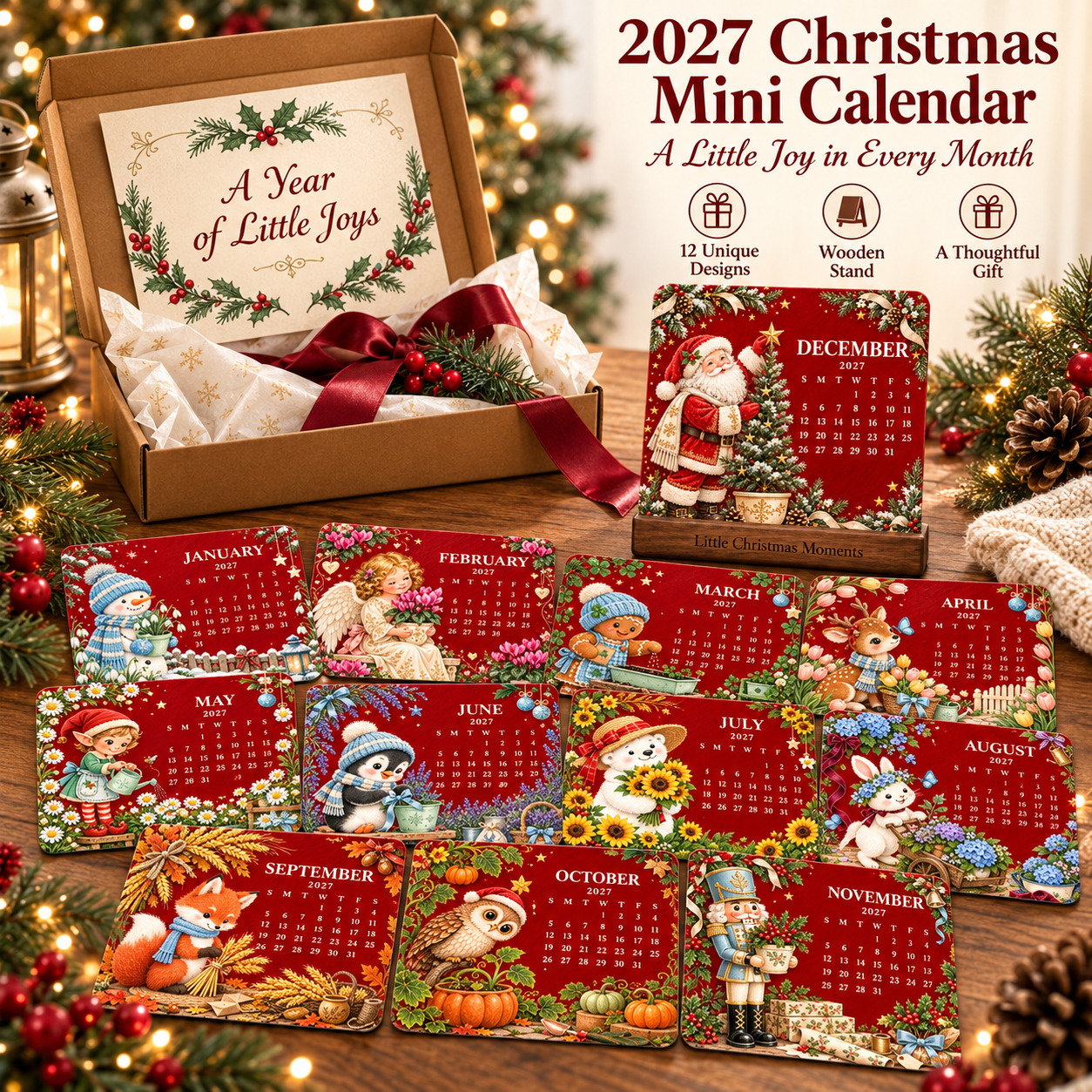2027 illustrated seed calendar with twelve monthly cards and wooden display stand