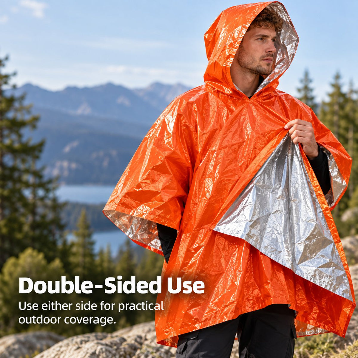 Emergency Rain Poncho Set with Storage Pouch, Aluminum Whistle & Carabiner