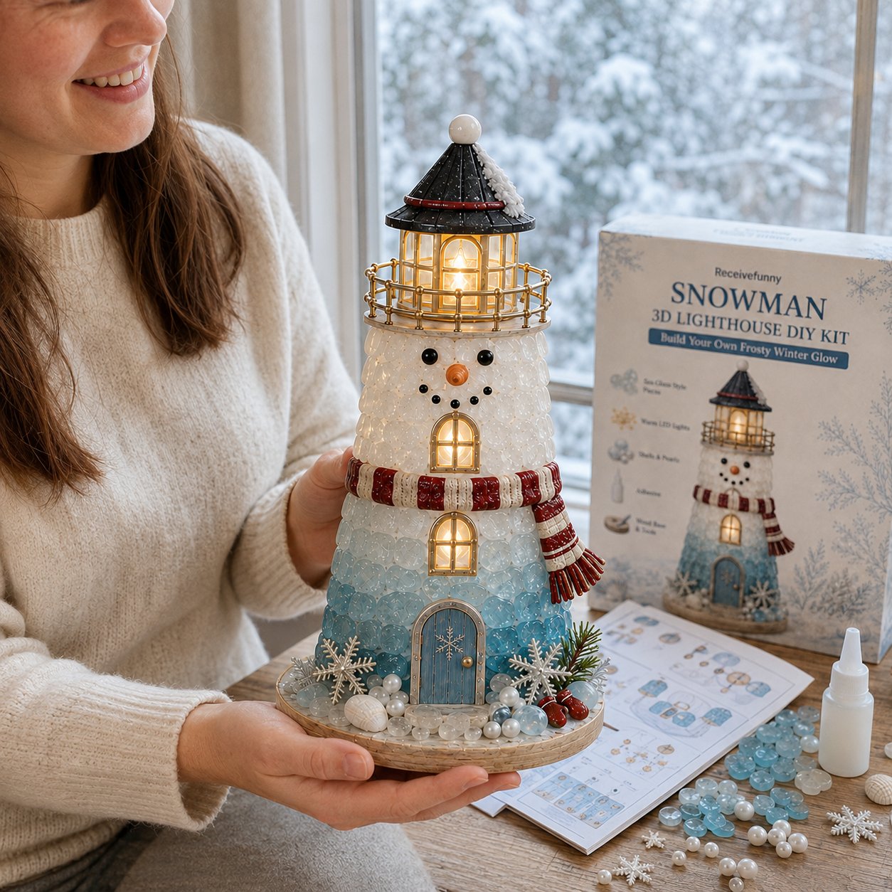 🎄Beginner-Friendly DIY Lighted Christmas Character Sea Glass-Style Lighthouse Kit Collection | Complete Kit with Sea Glass-Style Pieces, LED Lights & Step-by-Step Guide Included 💕