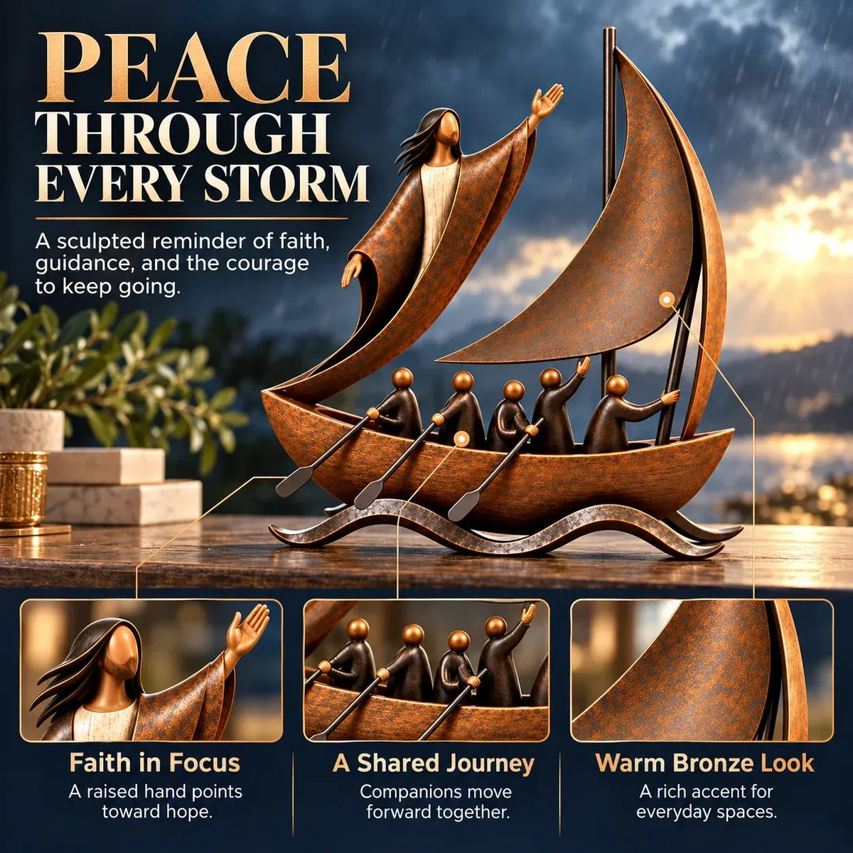 ⛵ Faith-Inspired Sailing Boat Sculpture | Bronze-Tone Décor with Symbolic Figures & Timeless Detail ✨