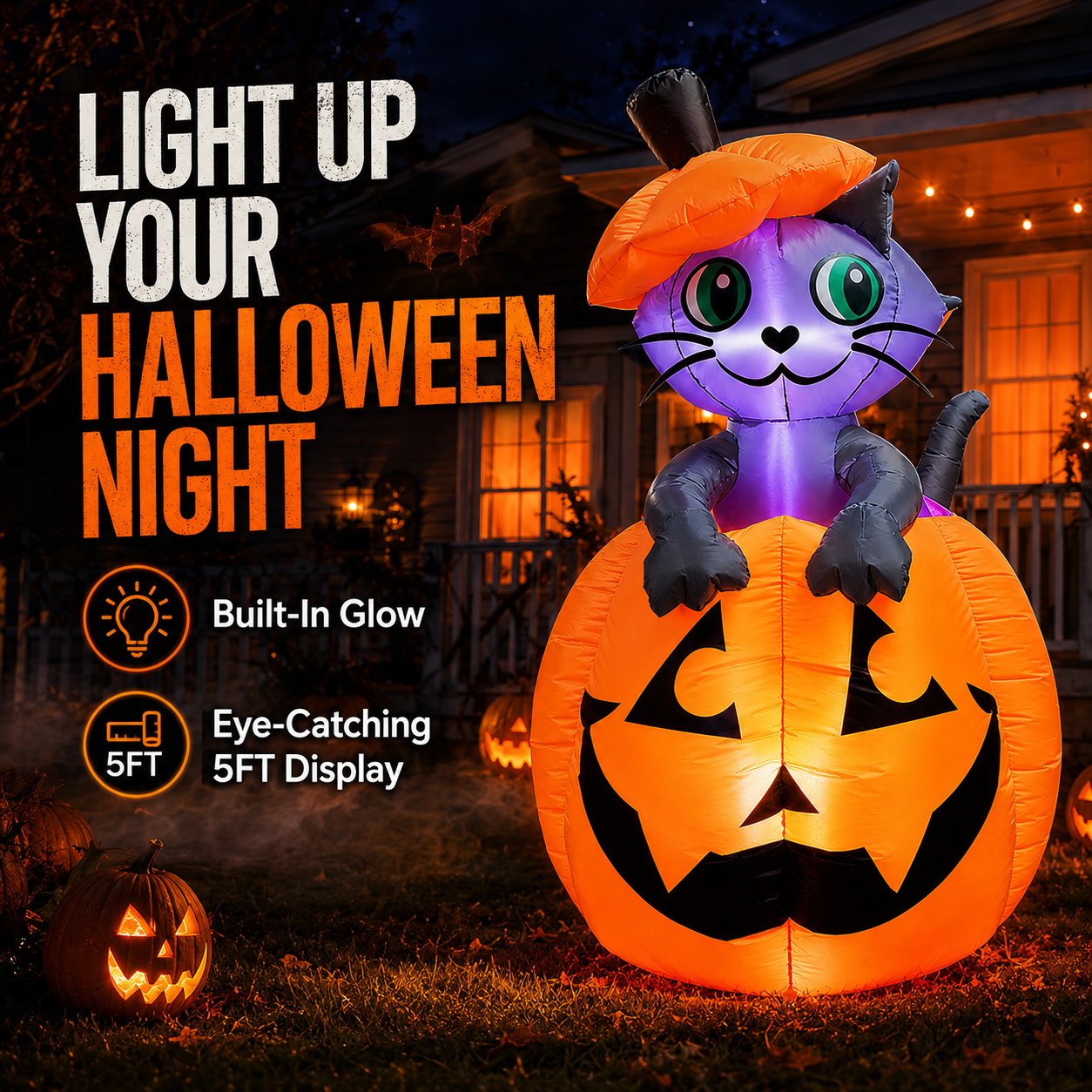 Giant Halloween Pumpkin Cat Inflatable Yard Decoration