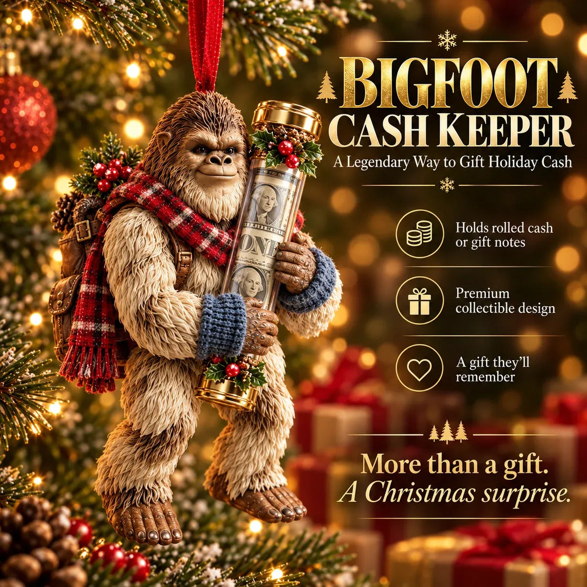 🎄👣 3D Bigfoot Christmas Cash Gift Ornament – Holiday Money Holder Keepsake ✨
