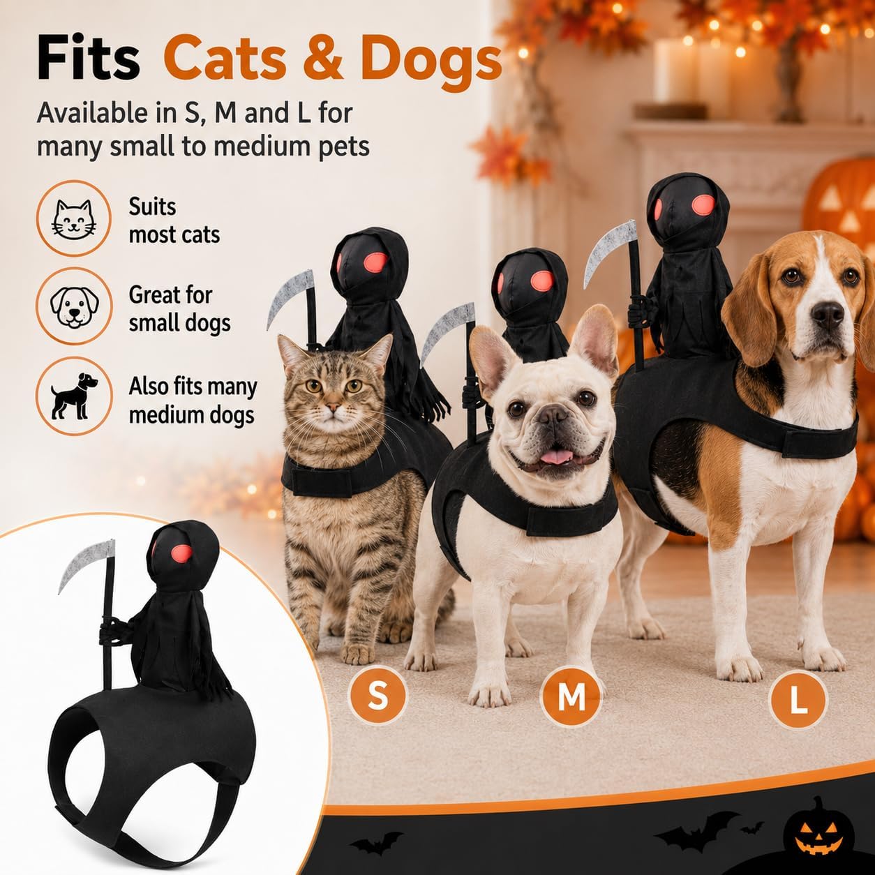 🎃👻HALLOWEEN FAVORITE🐾🐶Dog Halloween Grim Reaper Rider Costume with Adjustable Magic Tape👻
