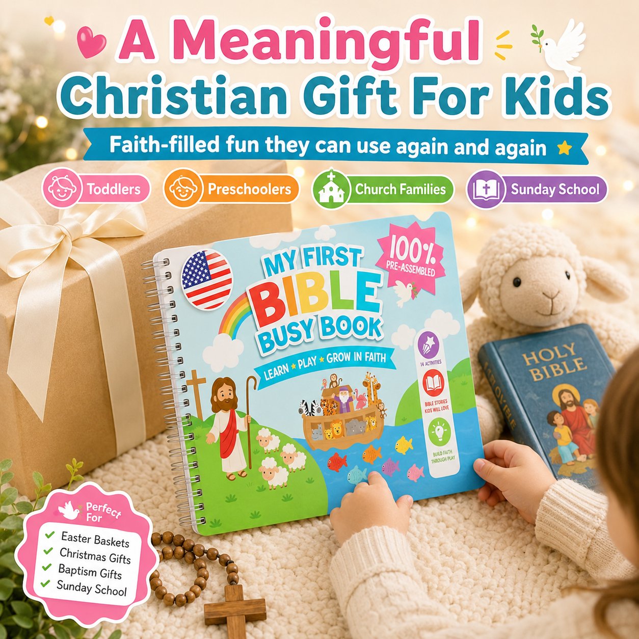 ✝️ Bible Busy Book for Toddlers | Montessori Christian Quiet Book with 152 Velcro Pieces & 15 Faith Activities