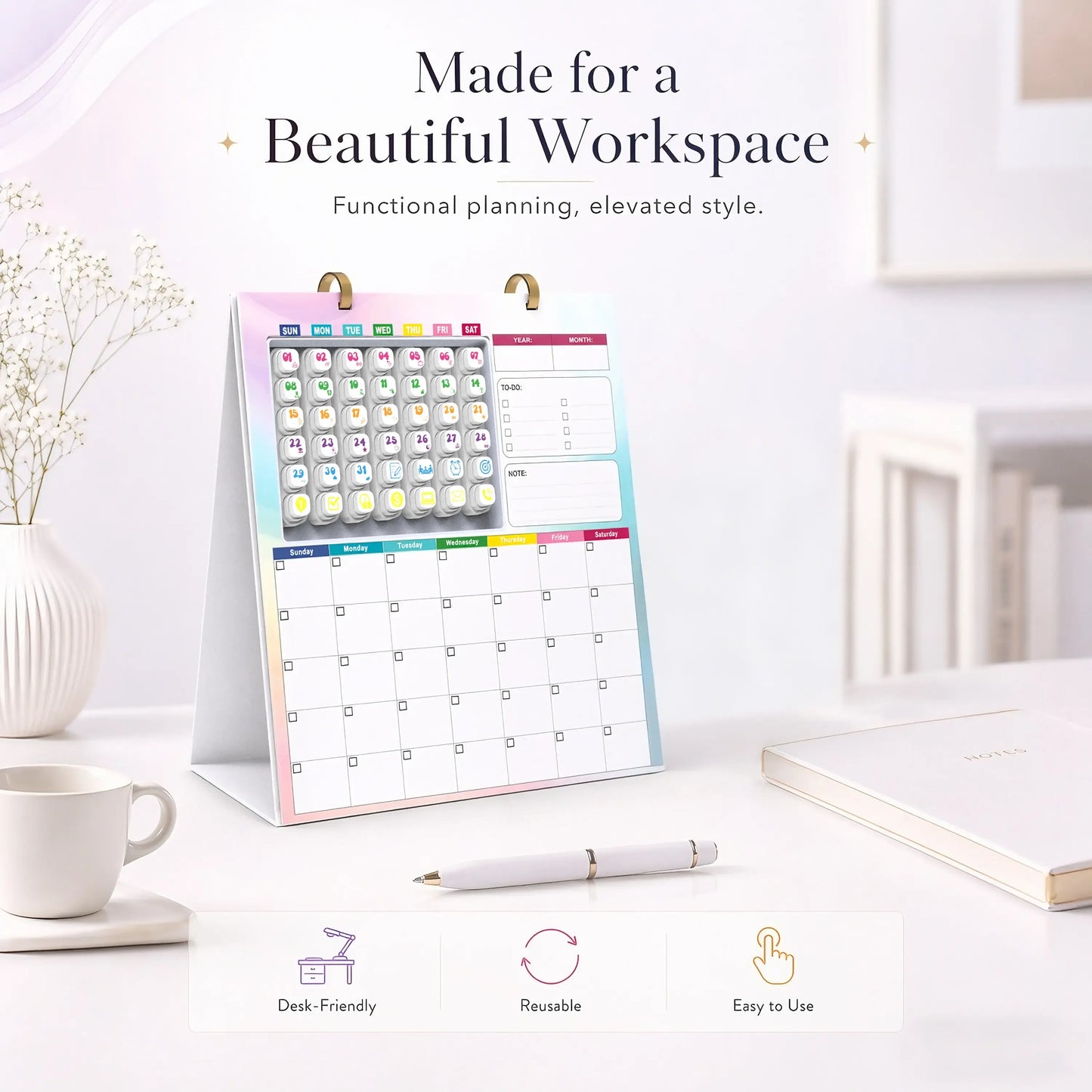 📅 Reusable Desk Calendar with 42 Self-Inking Event Stamps & 23 Replaceable Pages
