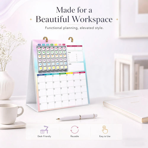 📅 Reusable Desk Calendar with 42 Self-Inking Event Stamps & 23 Replaceable Pages