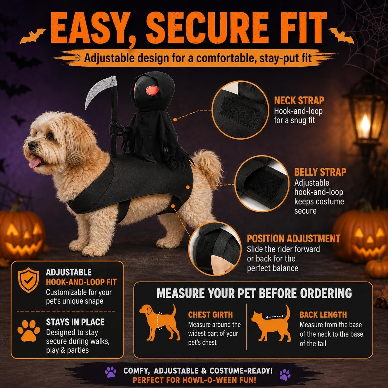 🎃👻HALLOWEEN FAVORITE🐾🐶Dog Halloween Grim Reaper Rider Costume with Adjustable Magic Tape👻