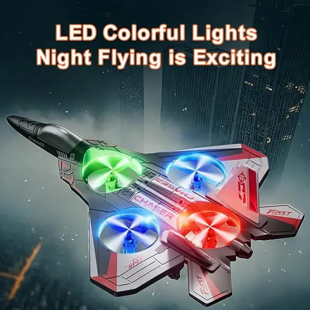 RC Flying Fighter Jet Toy with LED Lights & Stunt Rotation – Durable EVA Foam Remote Control Plane