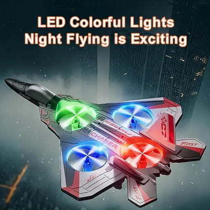 RC Flying Fighter Jet Toy with LED Lights & Stunt Rotation – Durable EVA Foam Remote Control Plane