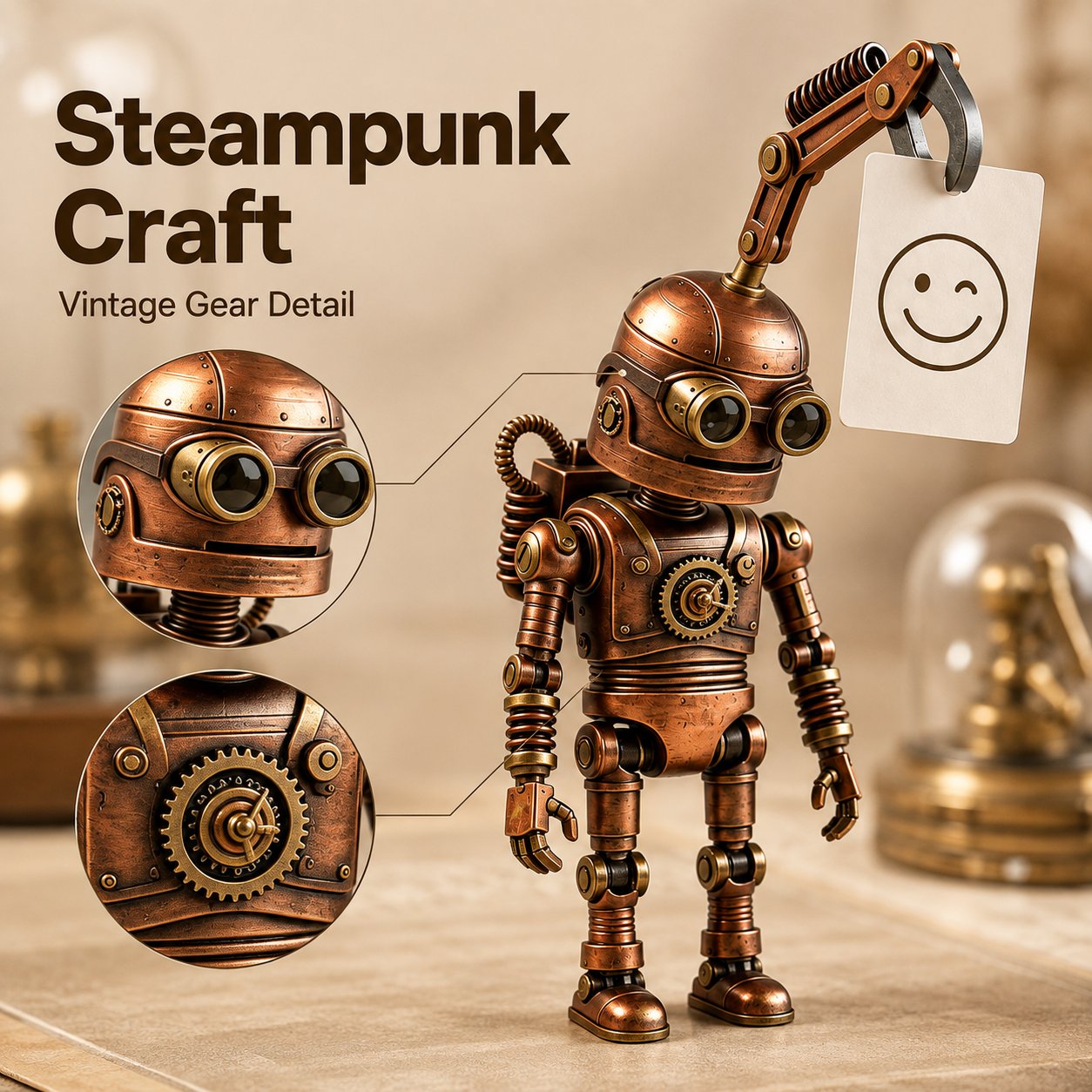 🤖 Steampunk Mood-Bot Desk Robot | Swapable Mood Card Desk Ornament For Office & Study Desktop Decor