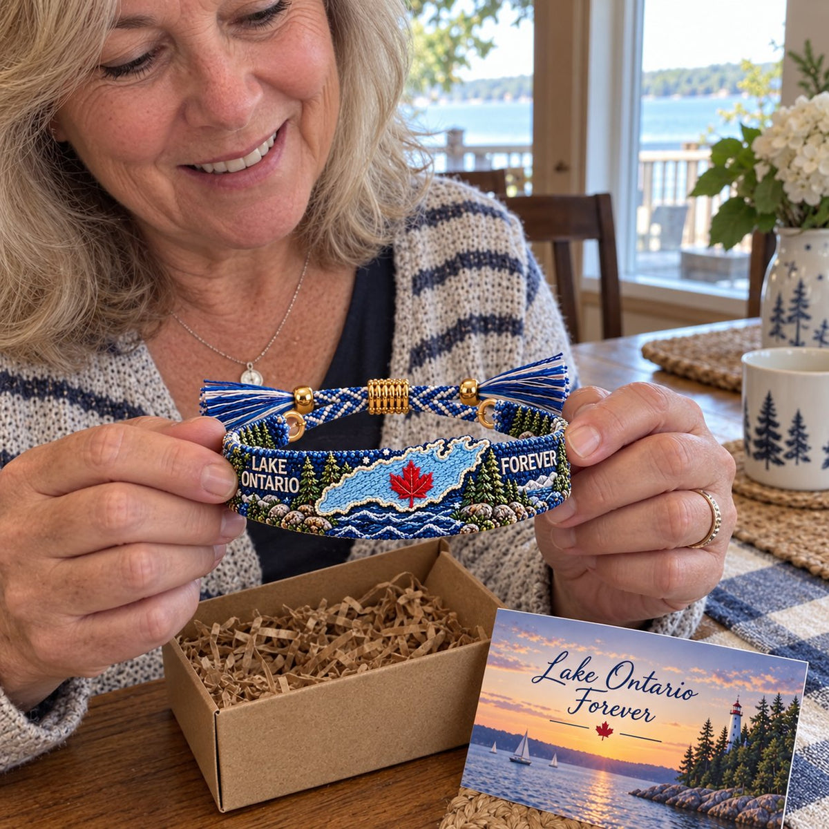 🌊 Lake Ontario Forever Embroidered Bracelet | Scenic Lake Design with Adjustable Woven Band, Meaningful Message & Gift-Ready Keepsake Box 🍁