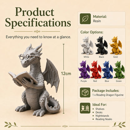 🐉 Reading Dragon Book Light Decoration, 12 cm Fantasy Dragon Figurine