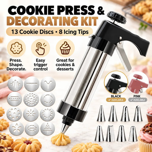 🍪 Stainless Steel Cookie Press & Decorating Kit | 13 Cookie Discs + 8 Icing Tips for Cookies, Cupcakes & Cakes 🧁