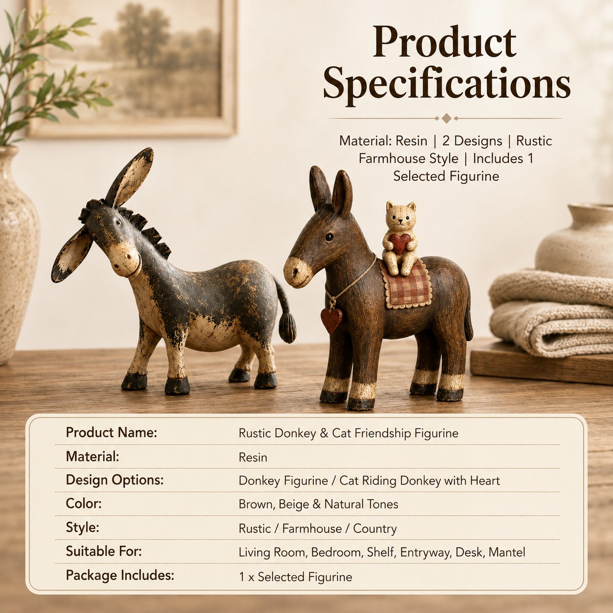 🐴 Rustic Donkey & Cat Friendship Figurine