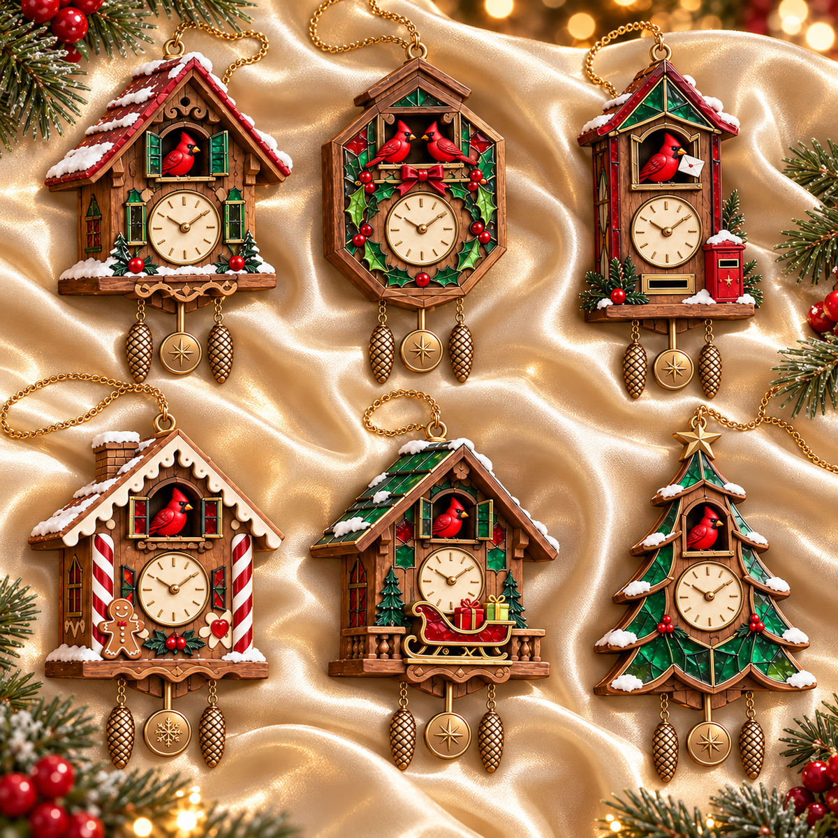 Full collection of six Christmas cuckoo clock ornament designs
