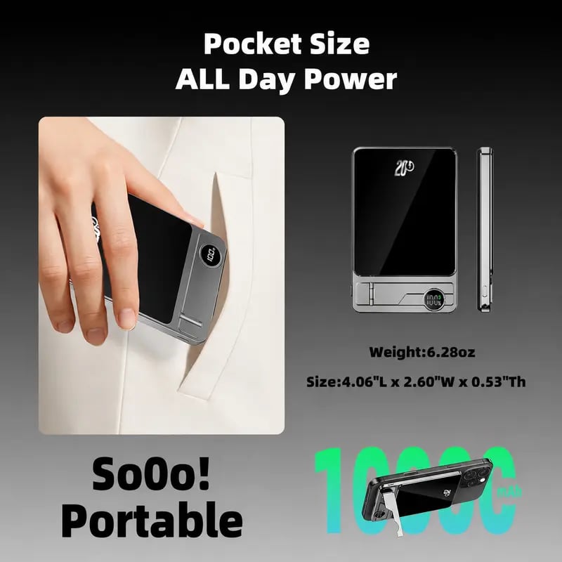 🔋 5000mAh Magnetic Portable Power Bank – 20W Fast Charging Wireless Charger with Built-In USB-C Cable, Foldable Stand & LED Battery Display for iPhone & USB-C Devices