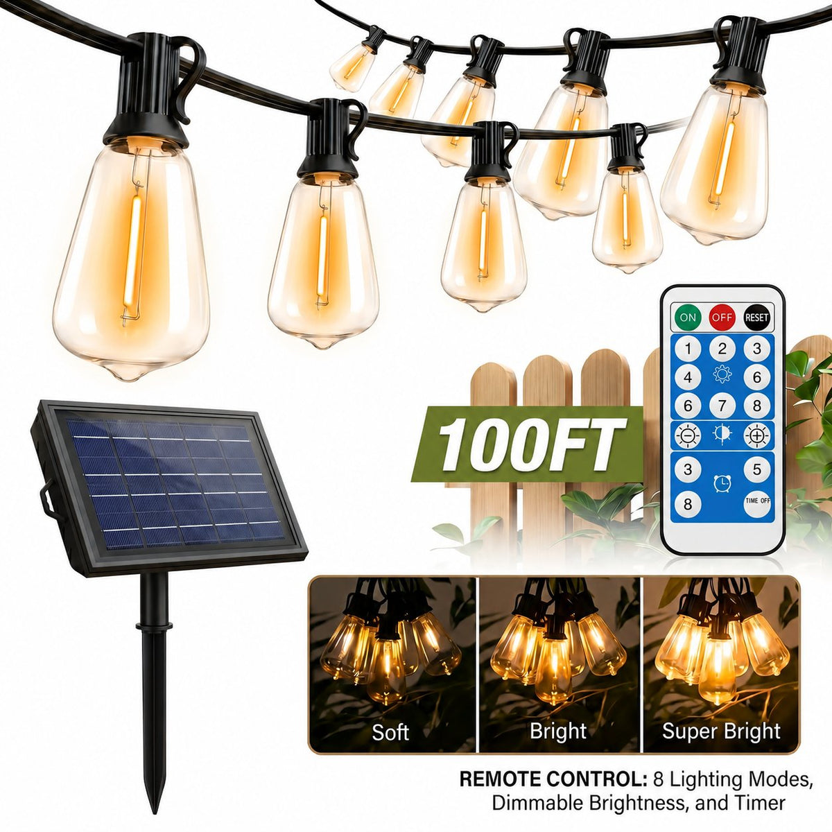 100FT Solar Outdoor String Lights with Remote Control