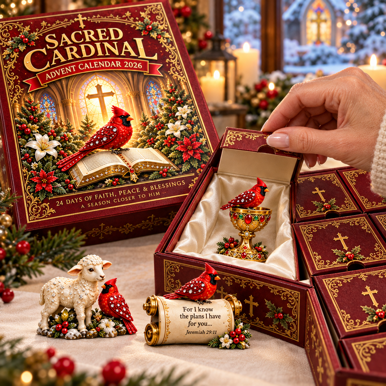 Opening a compartment in the Sacred Cardinal Advent Calendar