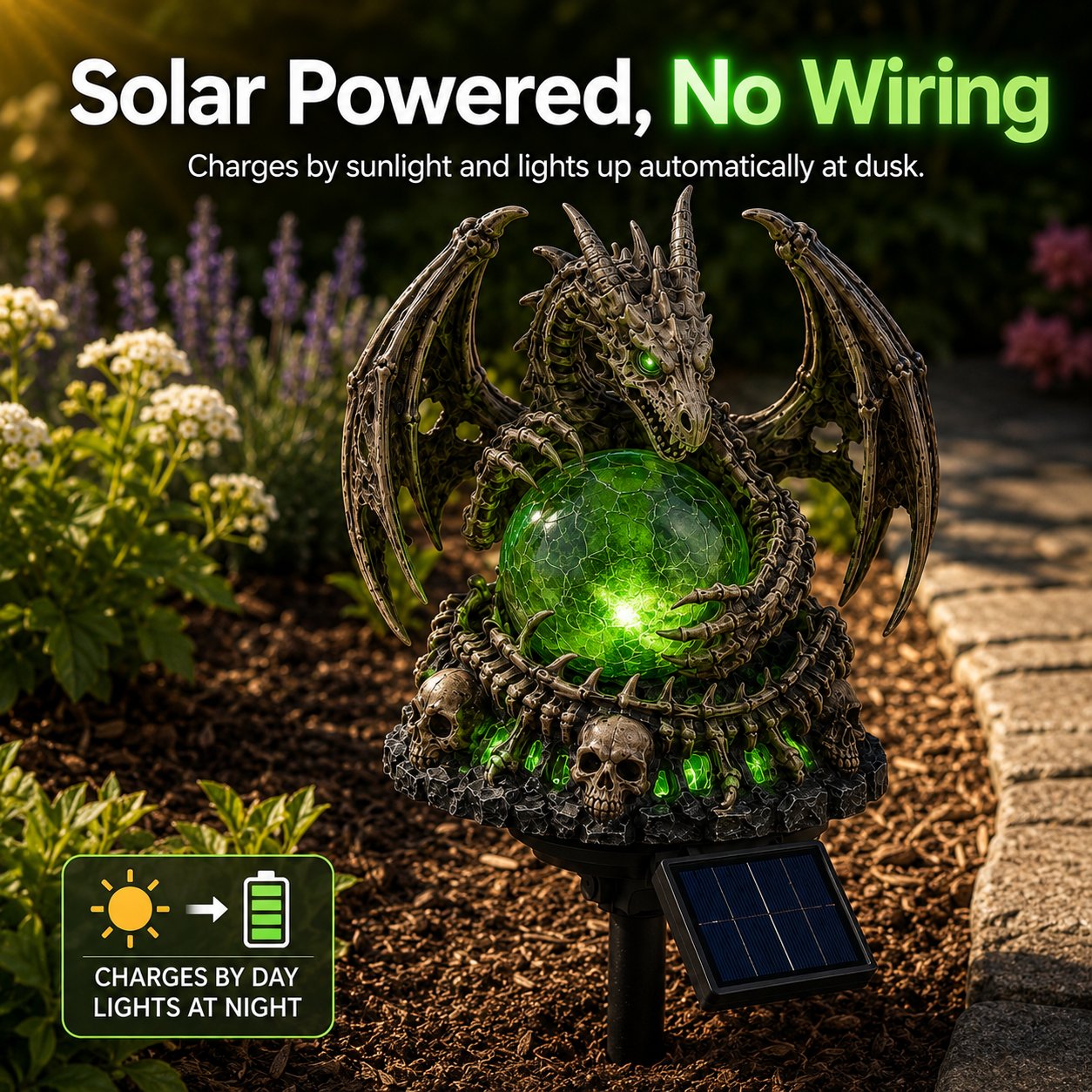 🐉 Solar Dragon Skull Crystal Orb Garden Light – Glowing Gothic Fantasy Halloween Outdoor Yard Decor with Solar Panel✨13*10*12cm（副本）