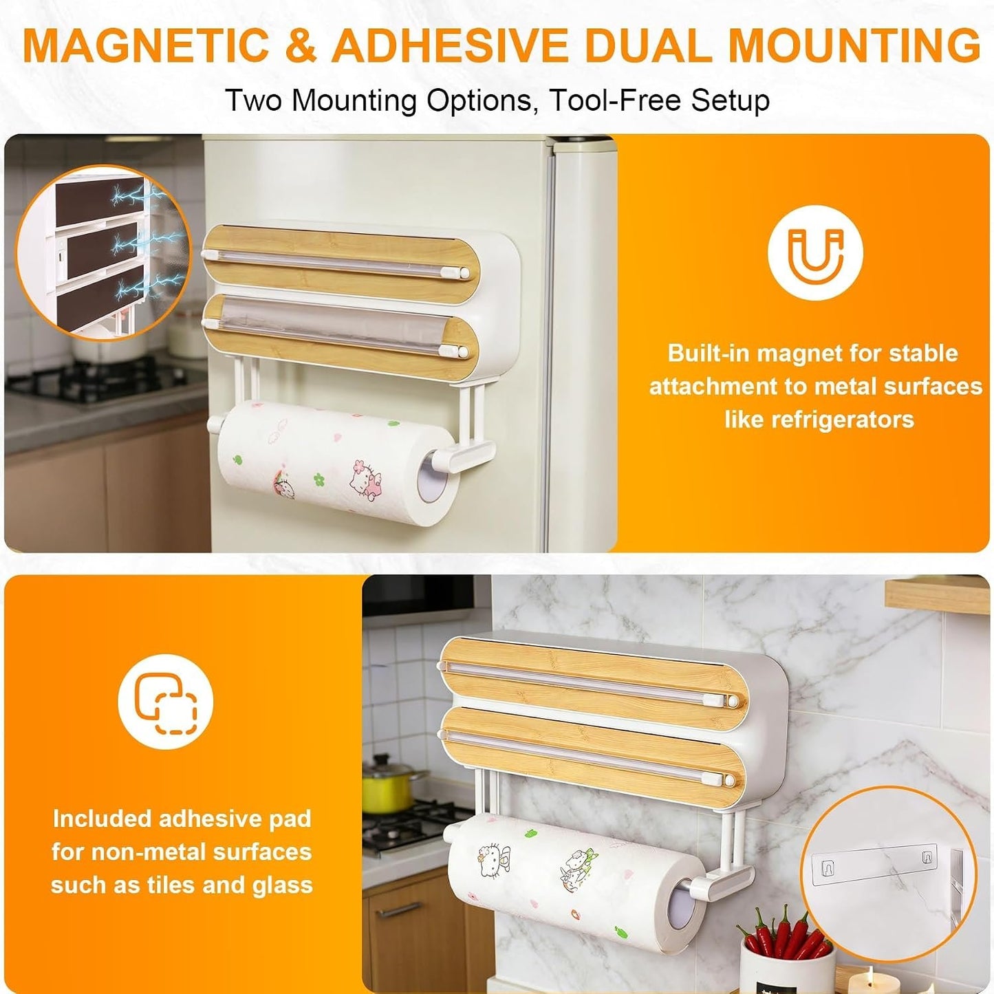 3-in-1 Magnetic Kitchen Wrap Dispenser with Slide Cutters