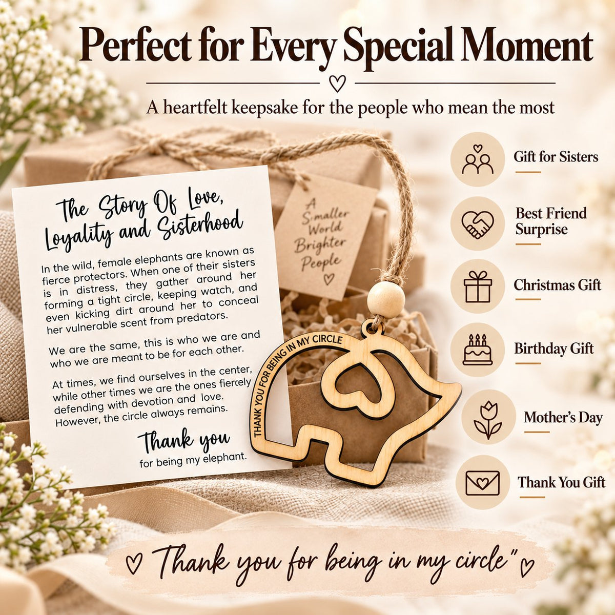 Sisterhood Elephant Wooden Keepsake – Friendship Gift