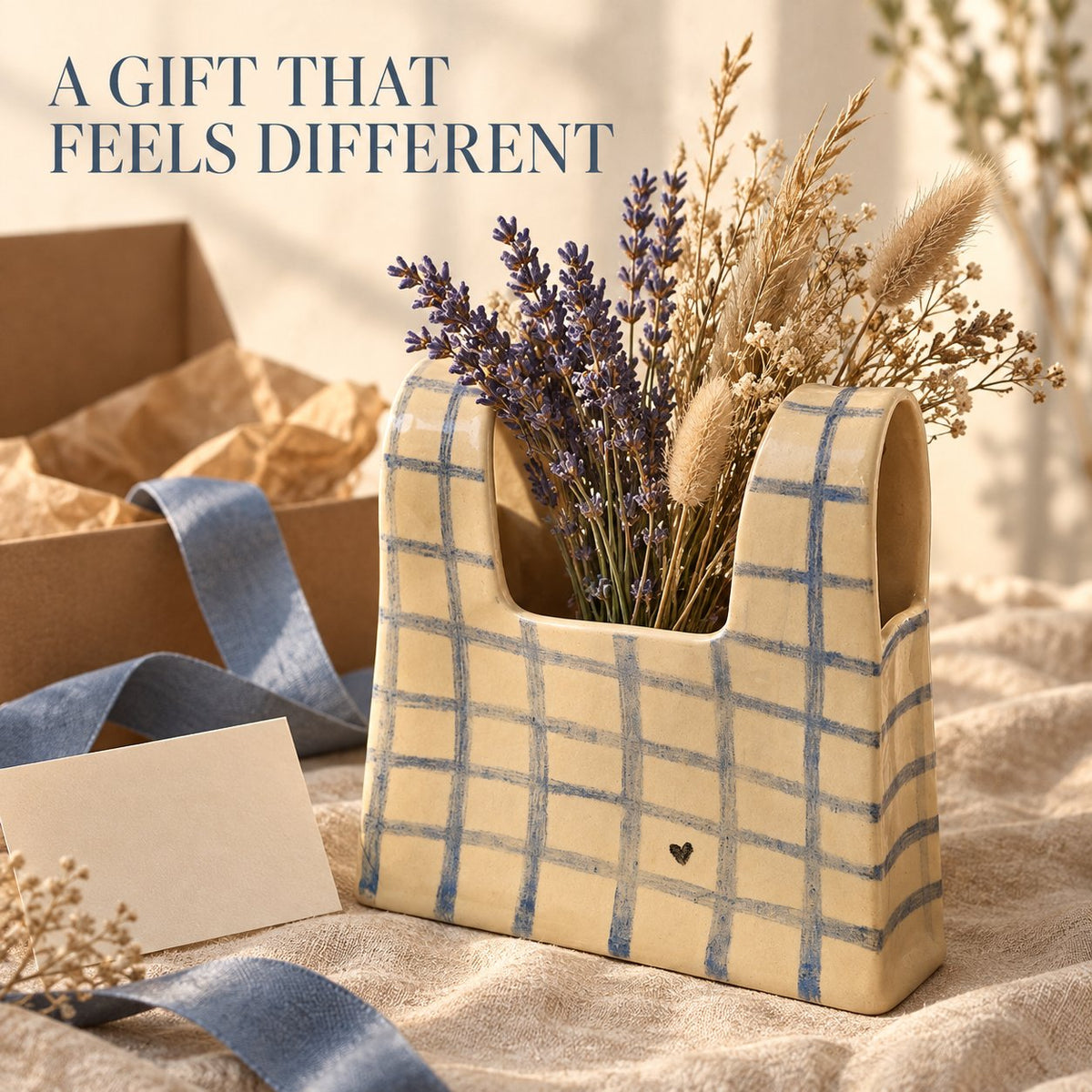 🌼 Handmade Checkered Ceramic Bag Vase