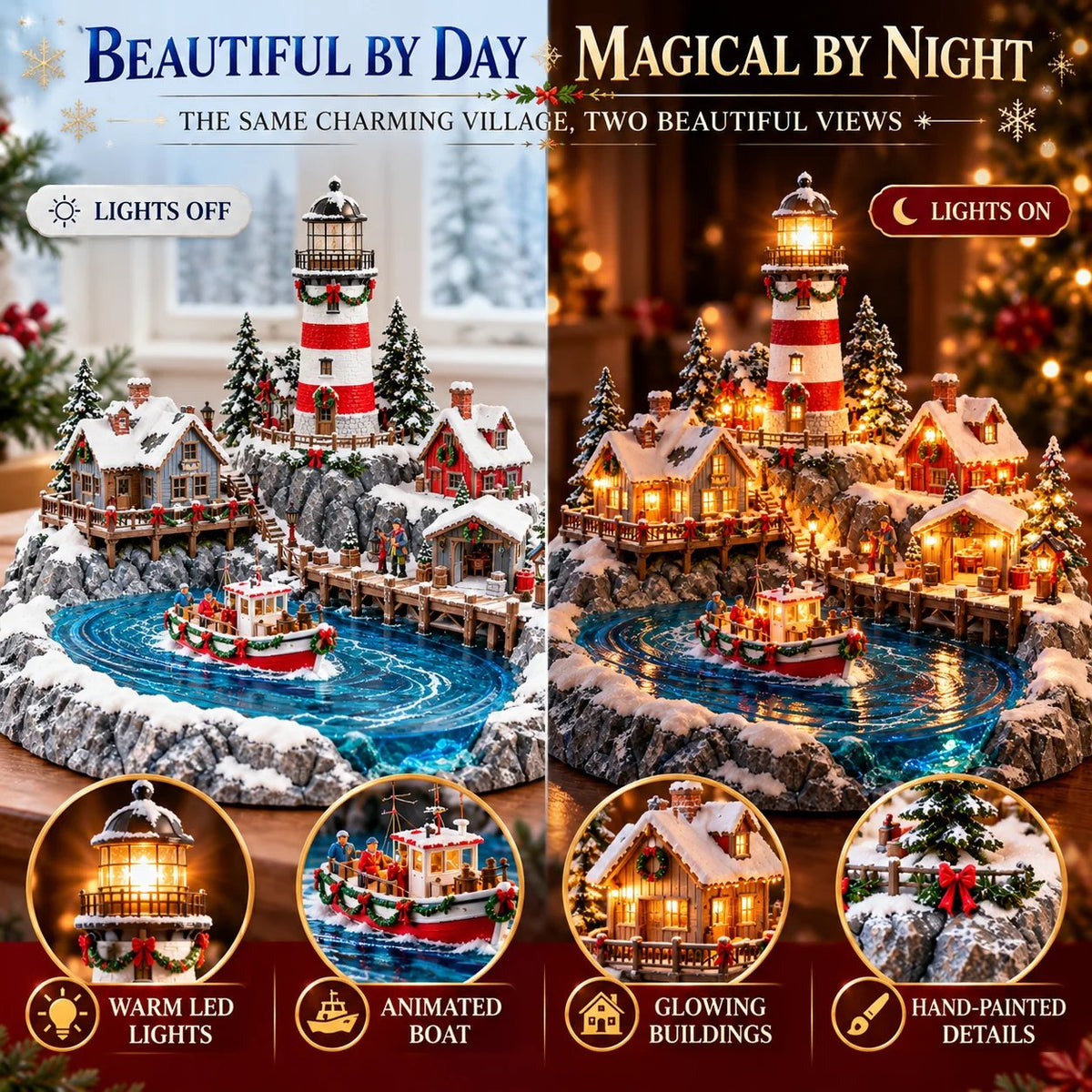 Day and night comparison of the coastal lighthouse village with lights off and on