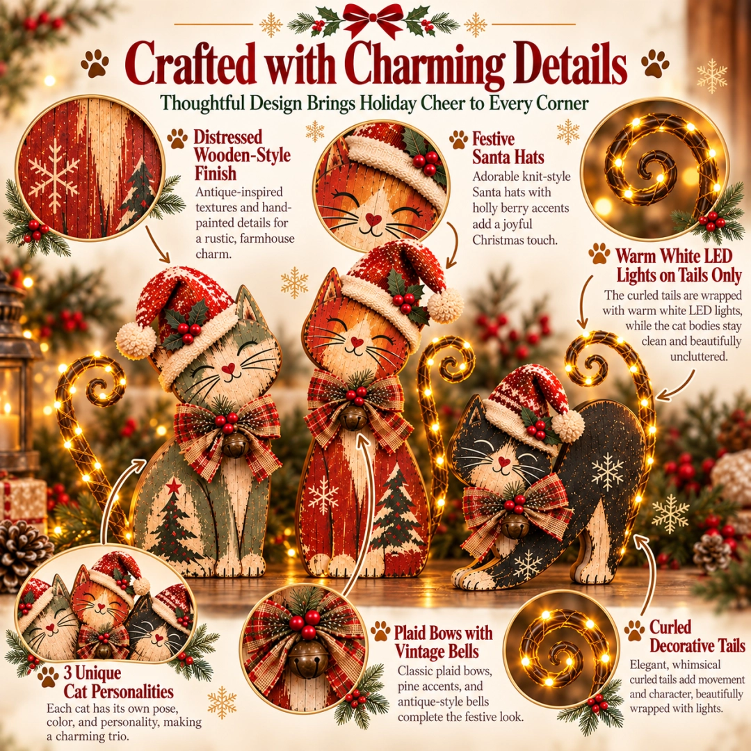 🐱🎄 Vintage Lighted Christmas Cat Trio | Remote Tail Lights