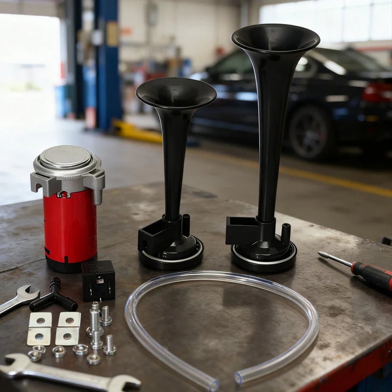 🎉📯49% OFF! 🚗 Universal Dual Trumpet Air Horn Kit – 135dB, 12V, Complete Installation Kit 🔊