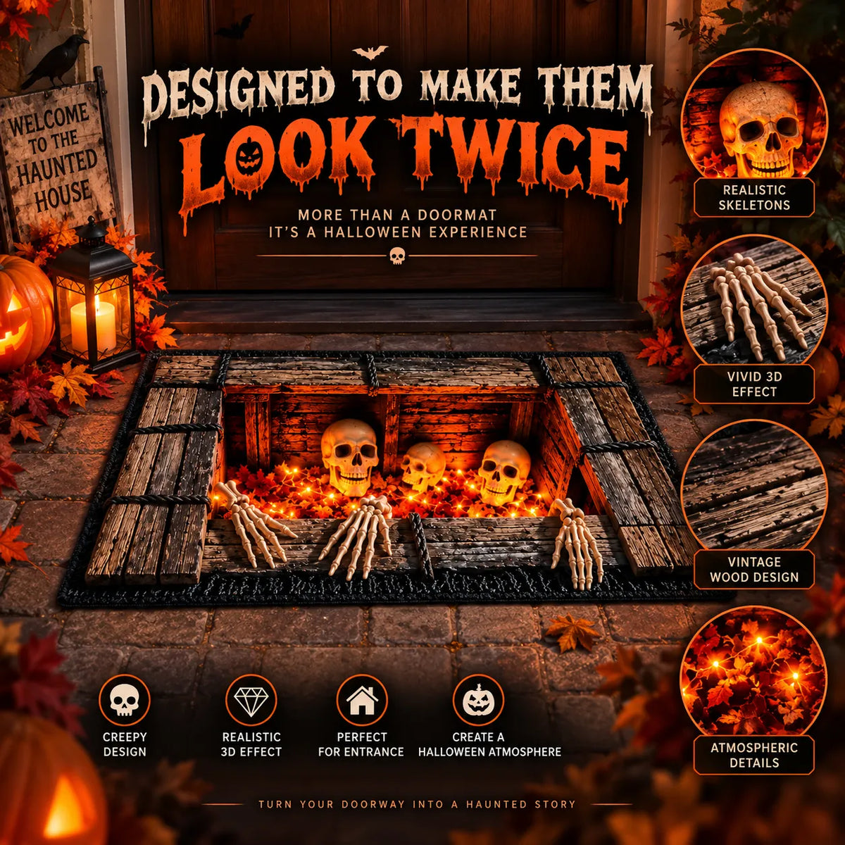 🔥LAST DAY 50% OFF💀Underground Crypt Skeleton Flame Ember Halloween Rug Decor✨