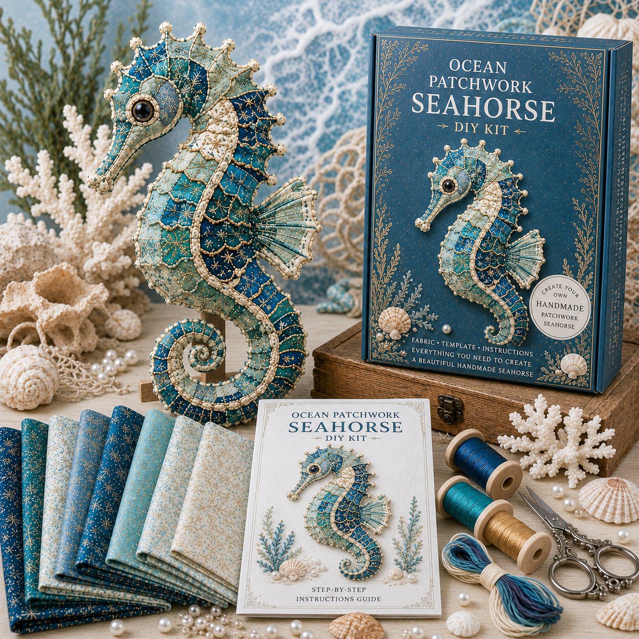 🌊🧵 Premium Ocean Patchwork DIY Kit | High-Quality Layered Fabric with Stitched Details DIY Handmade Coastal Decor 🐚✨