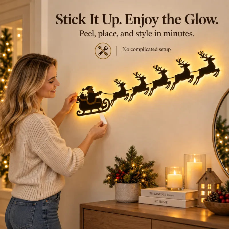 LED Christmas Santa Sleigh Wall Art, Illuminated Reindeer Silhouette Metal Sign, Warm Backlit Holiday Wall Decor