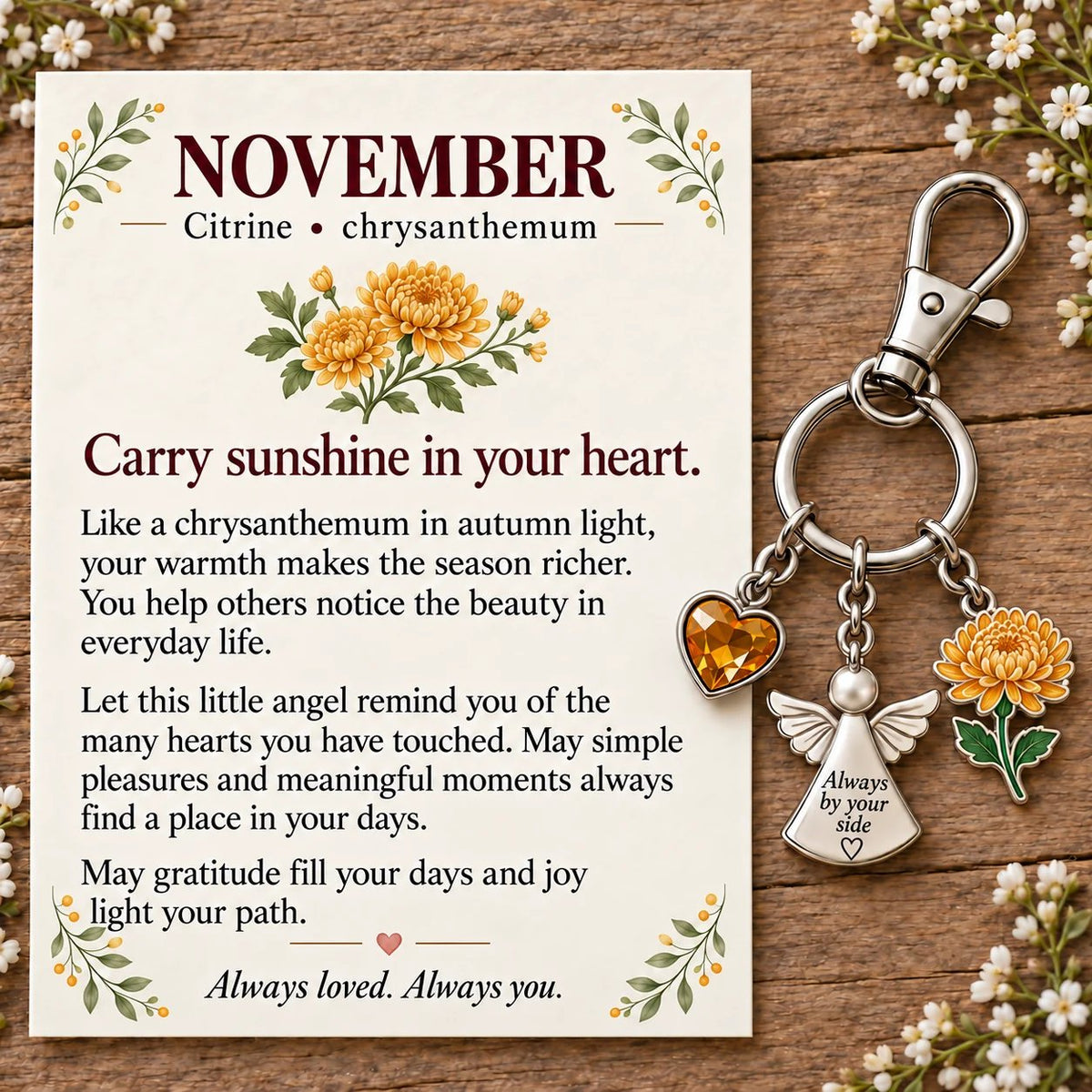 🔥LAST DAY 50% OFF - 👼 Always By Your Side: Birth Month Angel & Flower Keychain + Keepsake Card 🌸