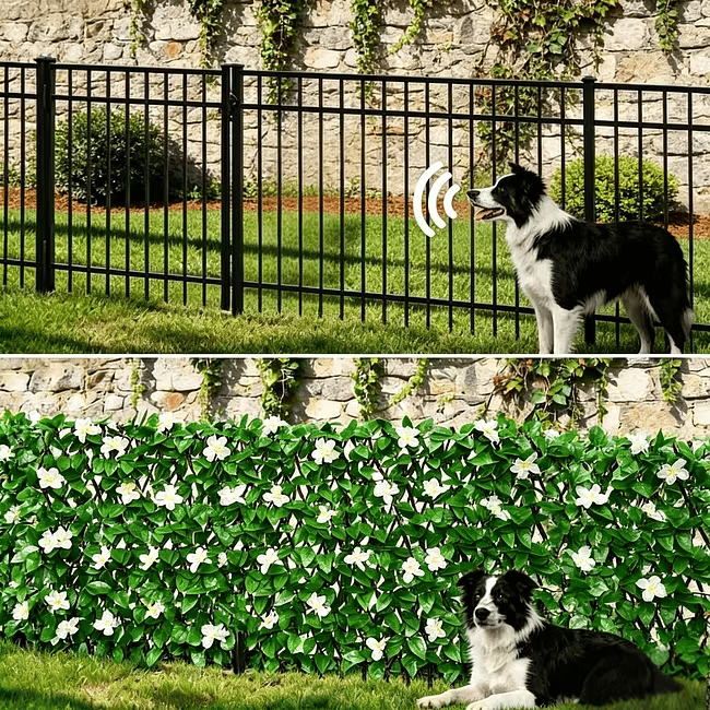 📍Extendable Simulation Rattan Fence with White Flowers Decorating Green Leaves, Stretchable Folding Design, Privacy Shielding Courtyard Balcony Walls, Artificial Green Plants
