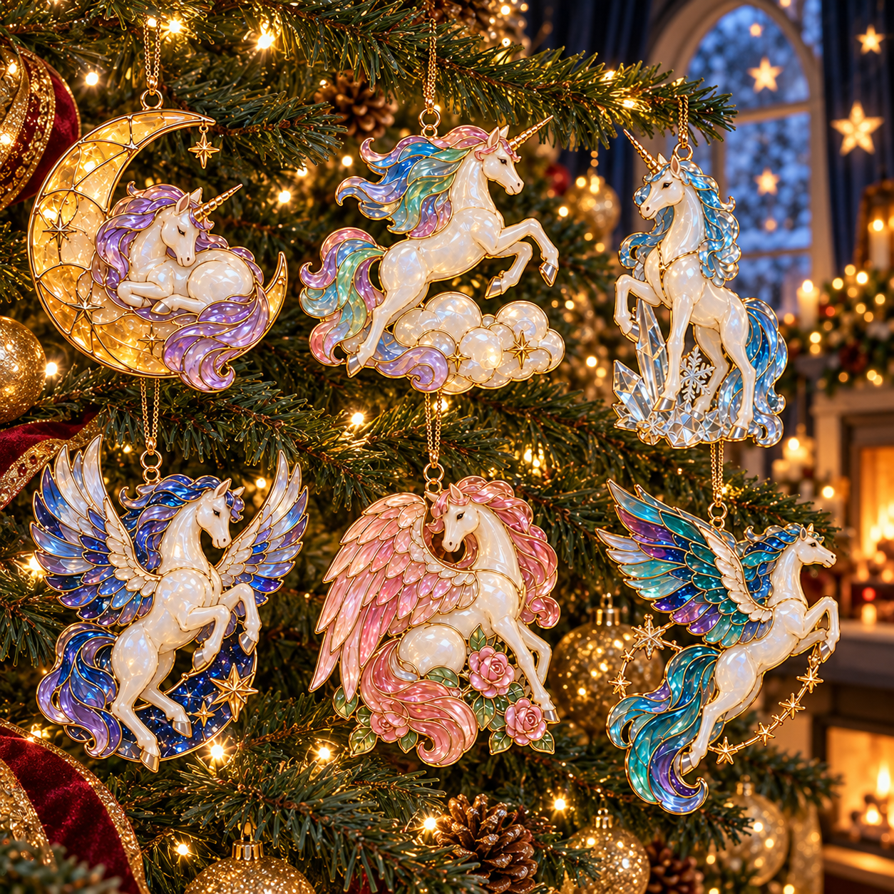 Frozen Crystal Unicorn shown in six-design Christmas tree display