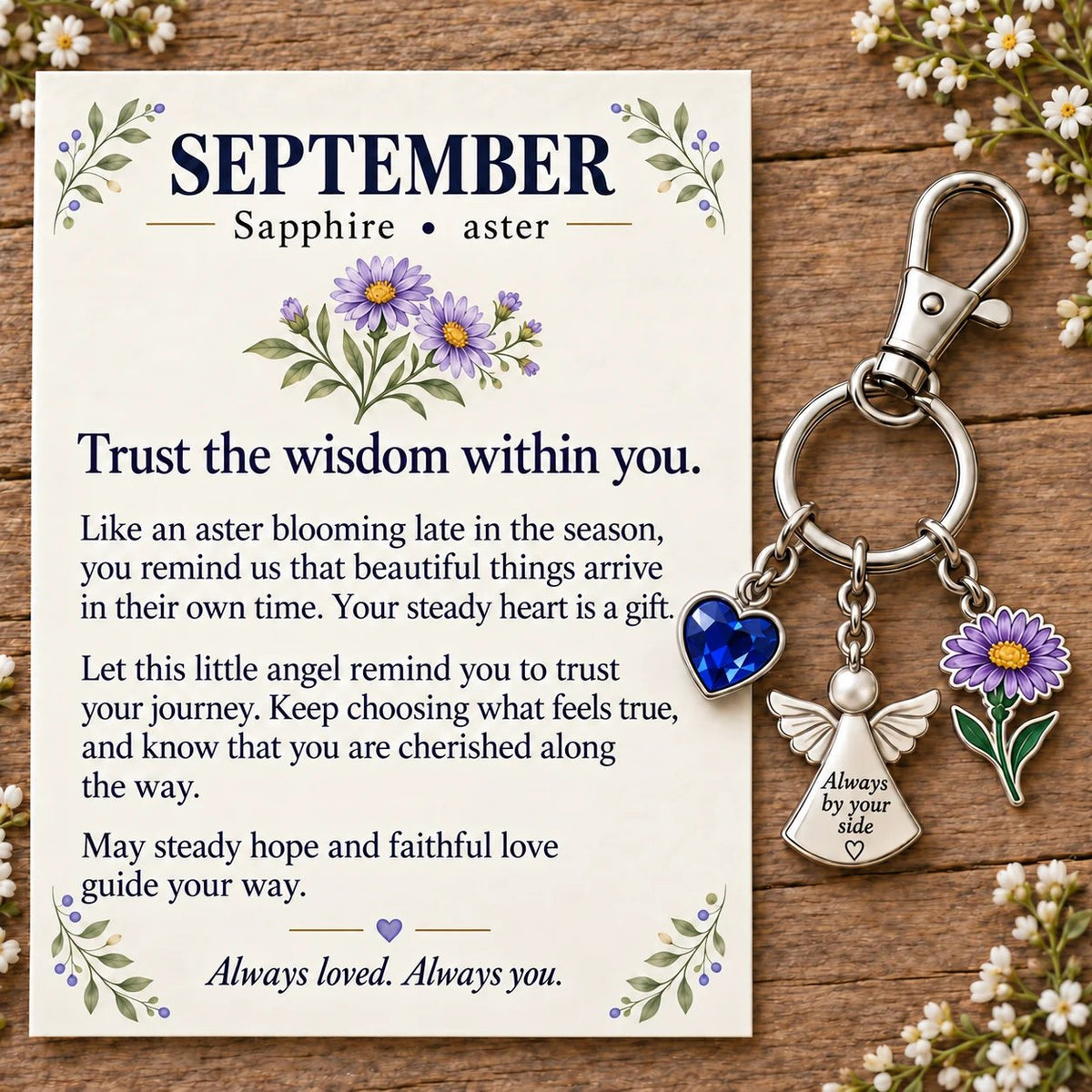 🔥LAST DAY 50% OFF - 👼 Always By Your Side: Birth Month Angel & Flower Keychain + Keepsake Card 🌸