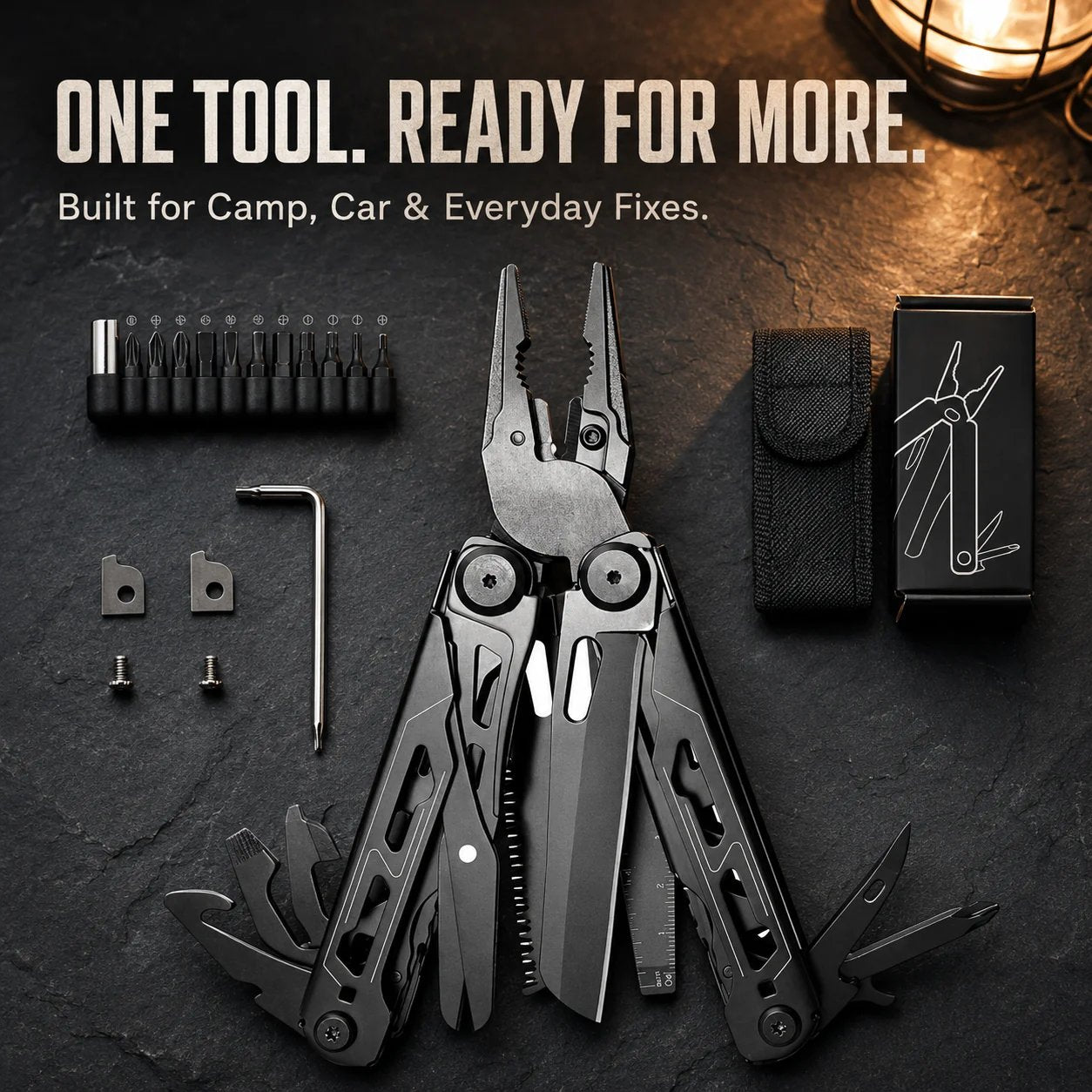 📍🎉 🏕️ 16-in-1 Camping Multi-Tool with Full-Size Scissors & Carrying Pouch