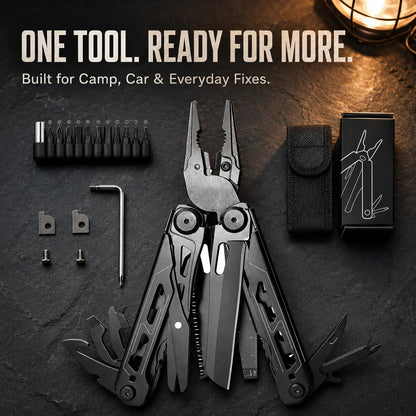 📍🎉 🏕️ 16-in-1 Camping Multi-Tool with Full-Size Scissors & Carrying Pouch