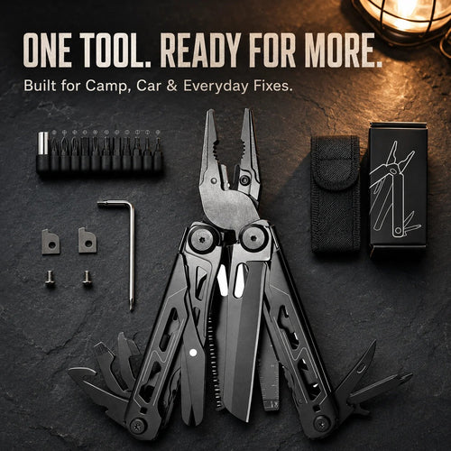 📍🎉 🏕️ 16-in-1 Camping Multi-Tool with Full-Size Scissors & Carrying Pouch