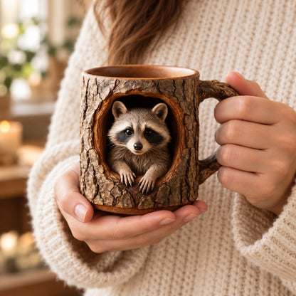 Woodland Raccoon Tree Hollow Mug – Rustic 3D Animal Coffee Cup