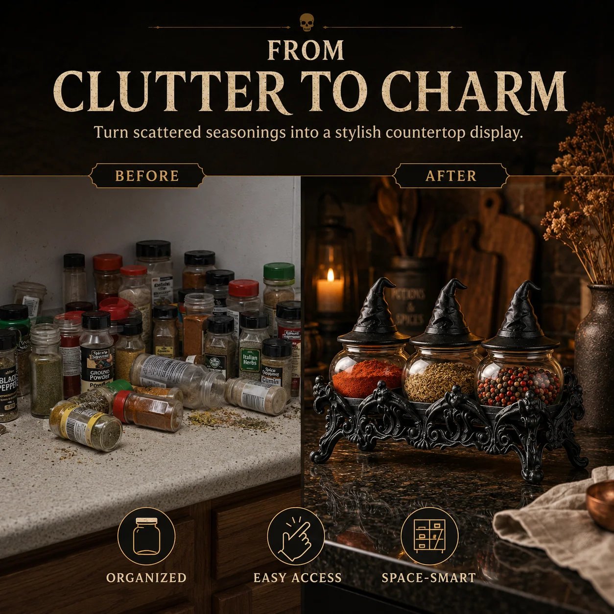 🧙‍♀️Witch-Hat Gothic Spice Jar Set — Ornate Resin Rack + 3 Glass Jars