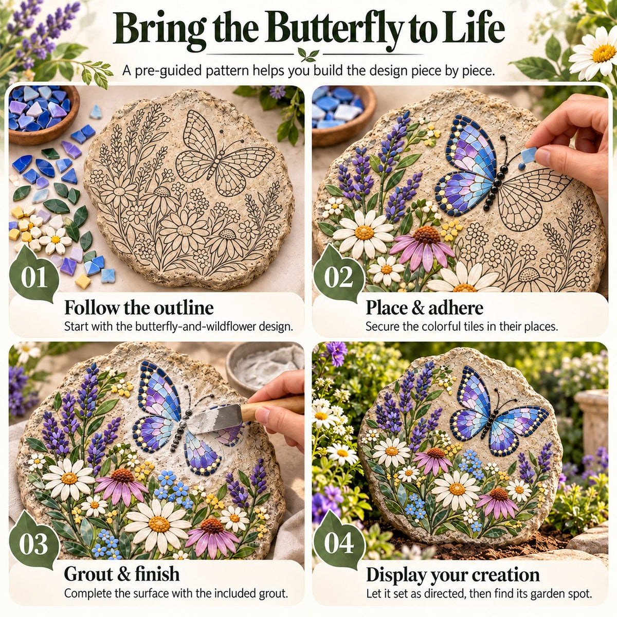 Four guided steps for completing the butterfly mosaic