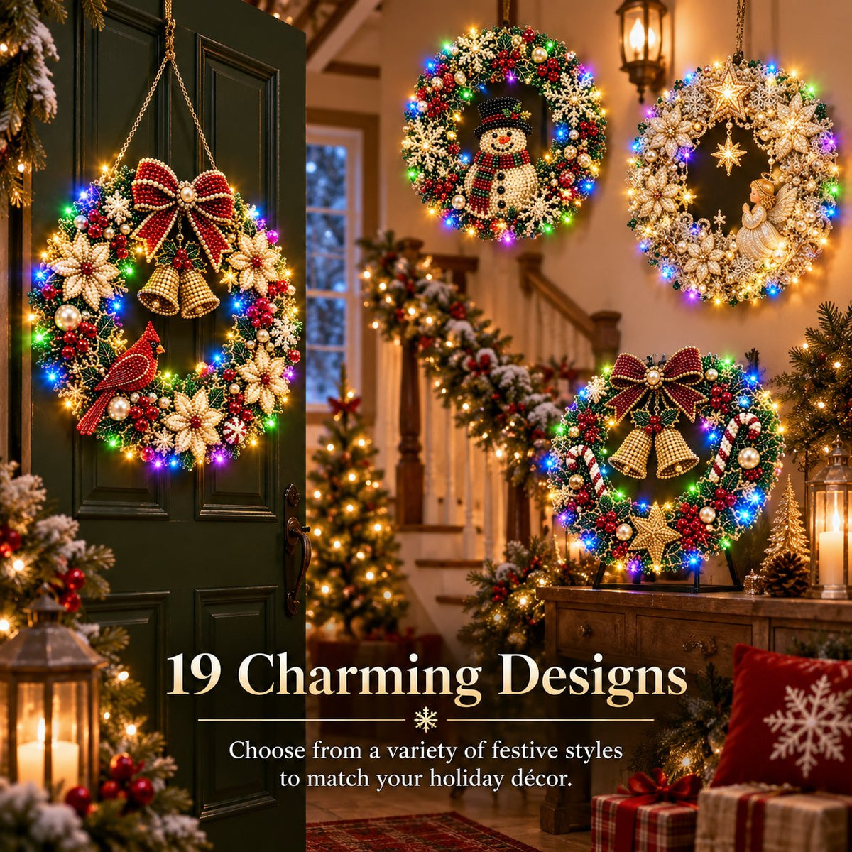 LED Weihnachts-Perlen-Diamantbild – Funkelnde Weihnachtskranz-Dekoration mit 19 Motiven