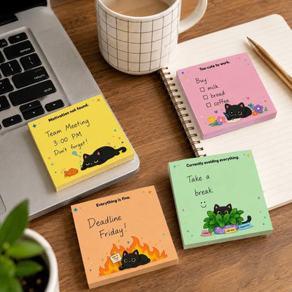 🐾 Sassy Black Cat Sticky Notes (4-Pack) | Funny Sarcastic Memo Pads for Office, School & WFH | 3'x3'