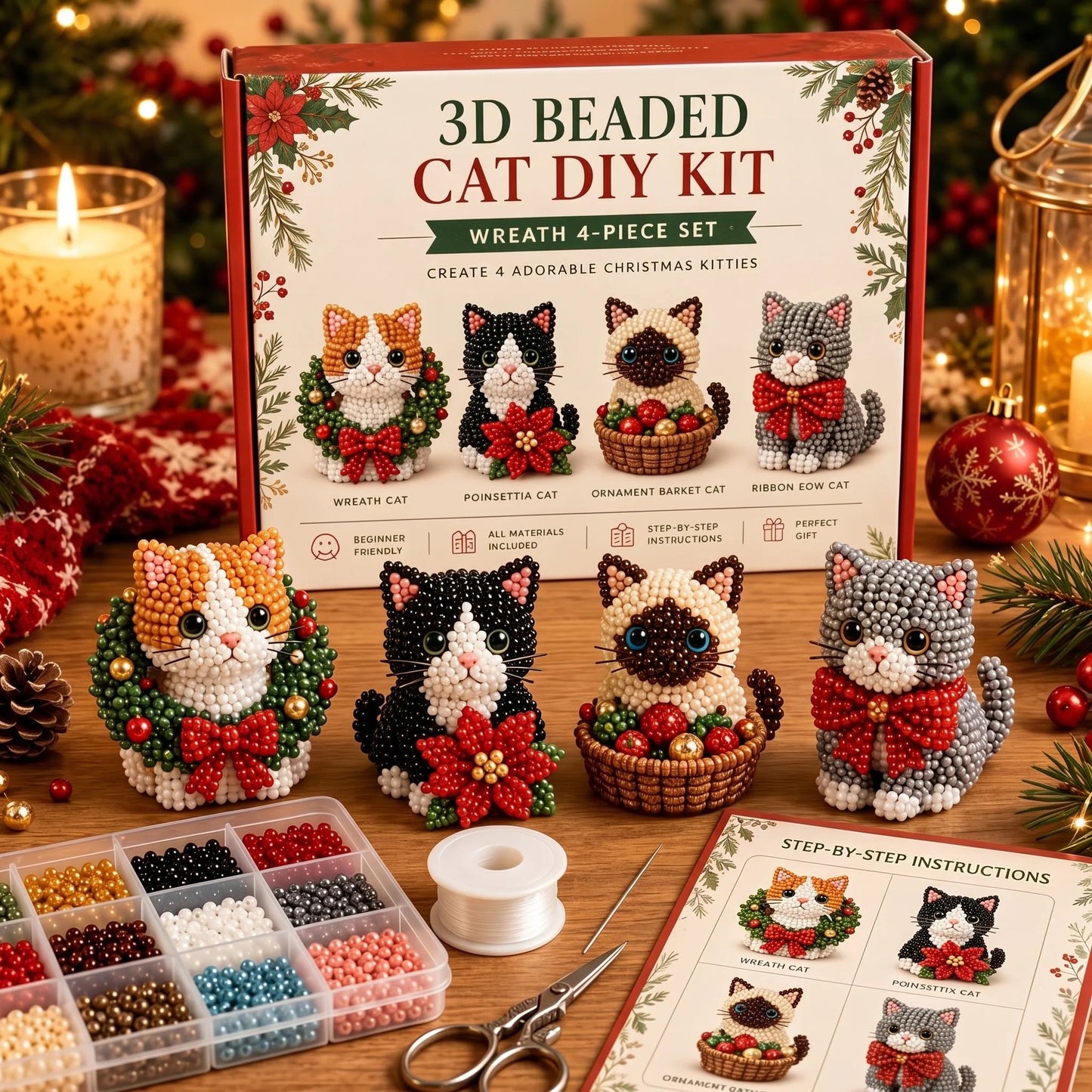 ⏳ Last Day 49% OFF – 🎄 Beginner-Friendly DIY 3D Christmas Beaded Ornament Kit | Complete 4-Piece Set with Glass Beads, All Tools & Step-by-Step Guide Included 💕