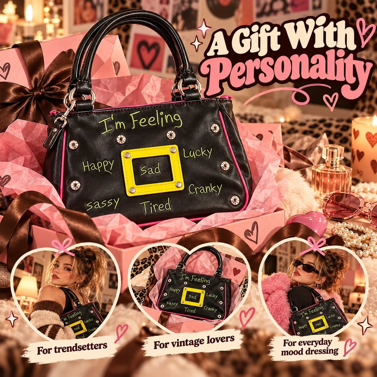 🔥 Y2K Mood Shoulder Bag – Change Your Mood, Change Your Style! Trendy Purse with Interchangeable Embroidered Patches & Buckle Display Window