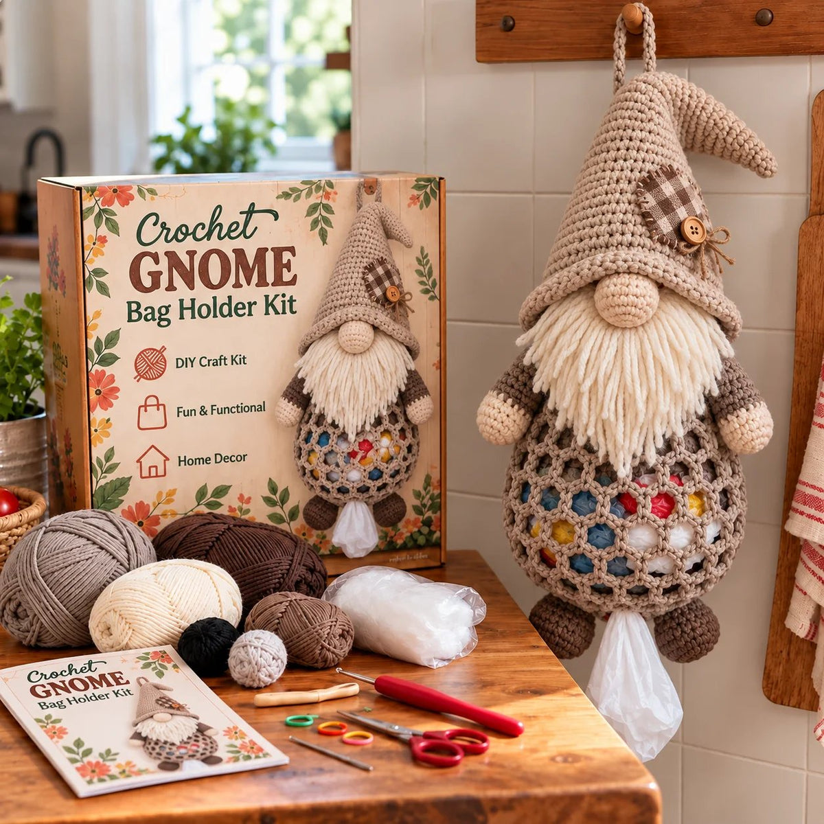⏳ Last Day 49% OFF – 🧶 Beginner-Friendly Gnome Crochet Bag Holder DIY Kit | 6 Charming Designs with Yarn, Tools & Guide Included 🍄