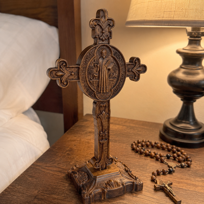 Hand-Carved Beechwood Saint Benedict Crucifix – Double-Sided Christian Standing Cross